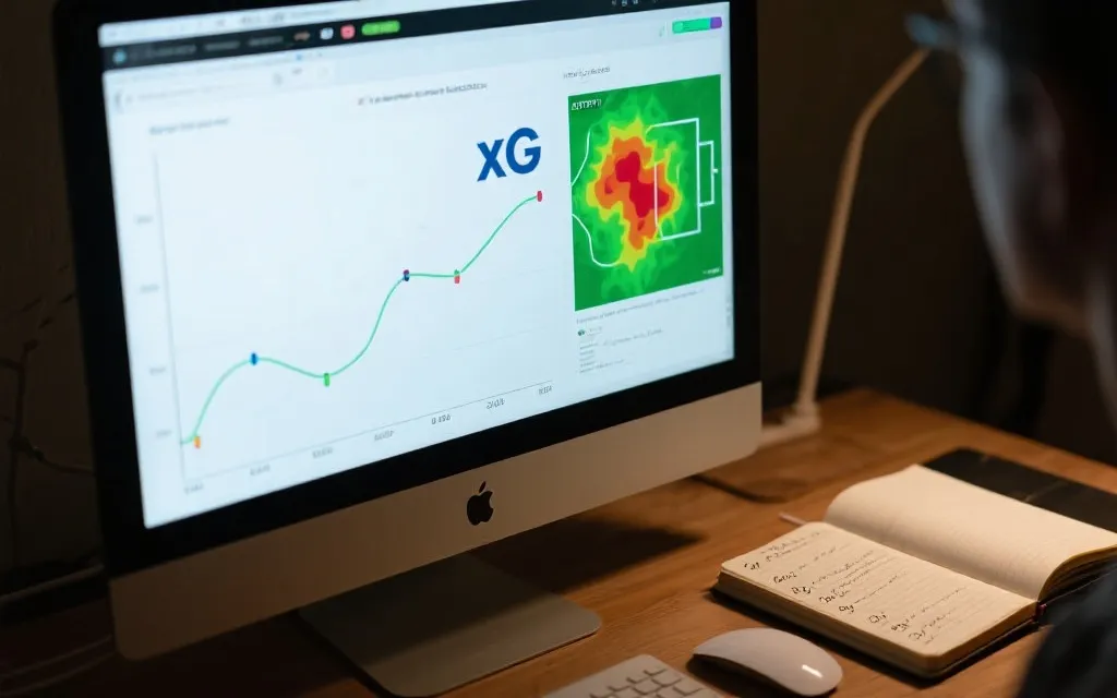 电脑屏幕上显示xG曲线与射门热区的战术分析画面